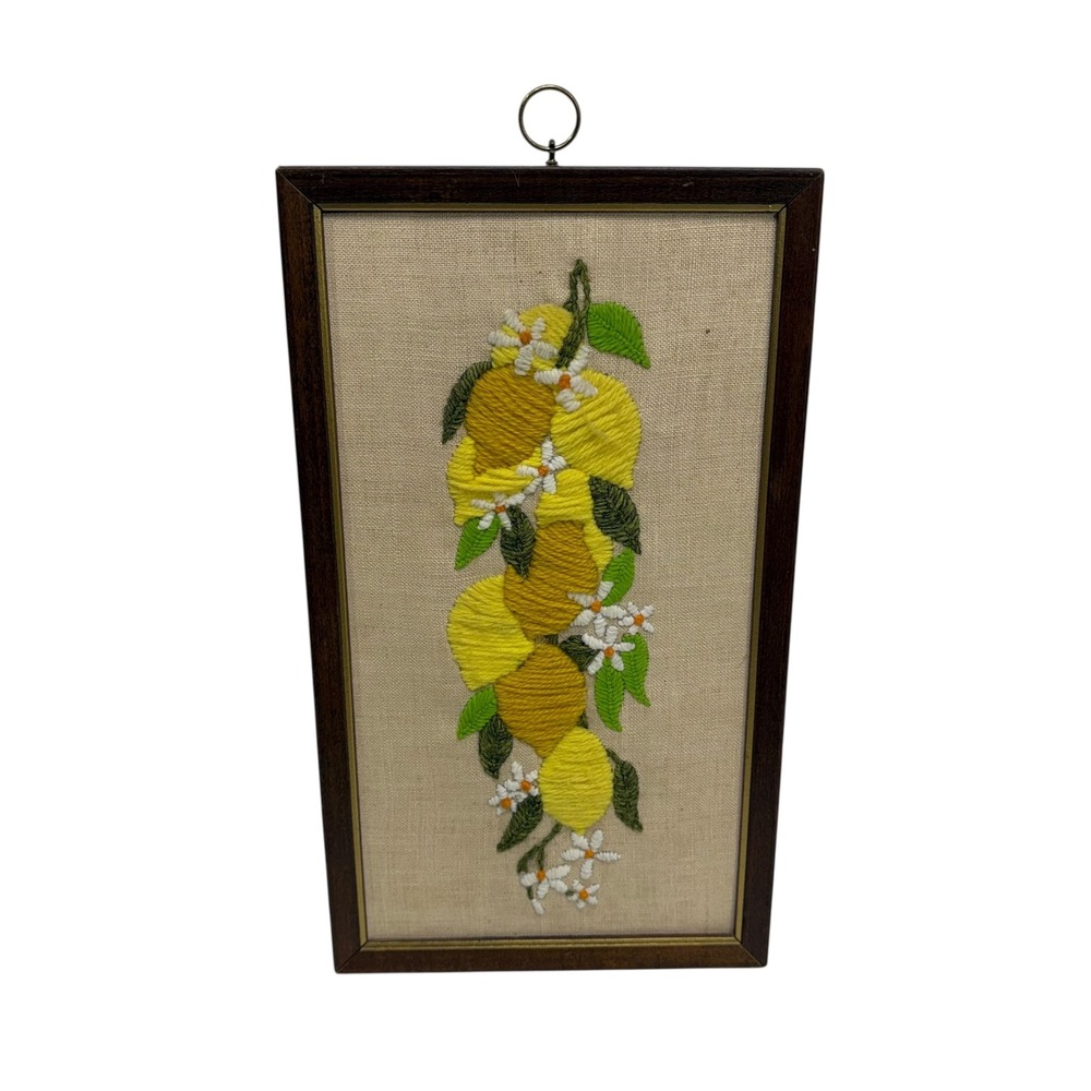 Vintage Crewel Embroidery Lemon Fruit Botanical Framed Wall Art 14x7